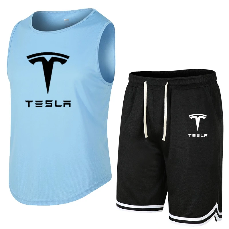 Tesla Summer basketball Sleeveless T-Shirt Set Men Tank Top + Shorts Male Fitness Competition Training Vest ventilate Tracksuit