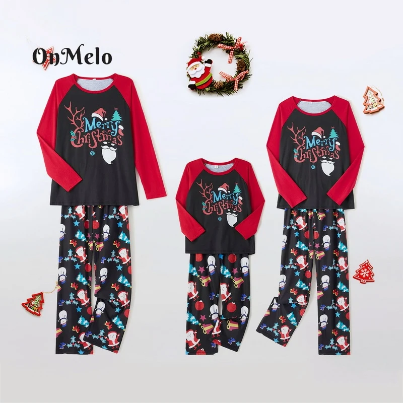 

OnMelo Christmas Family Matching Pajama Sets Autumn Cartoon Print Long Sleeve T-shirts Pants Suit Mom Dad Kids Casual Homewears
