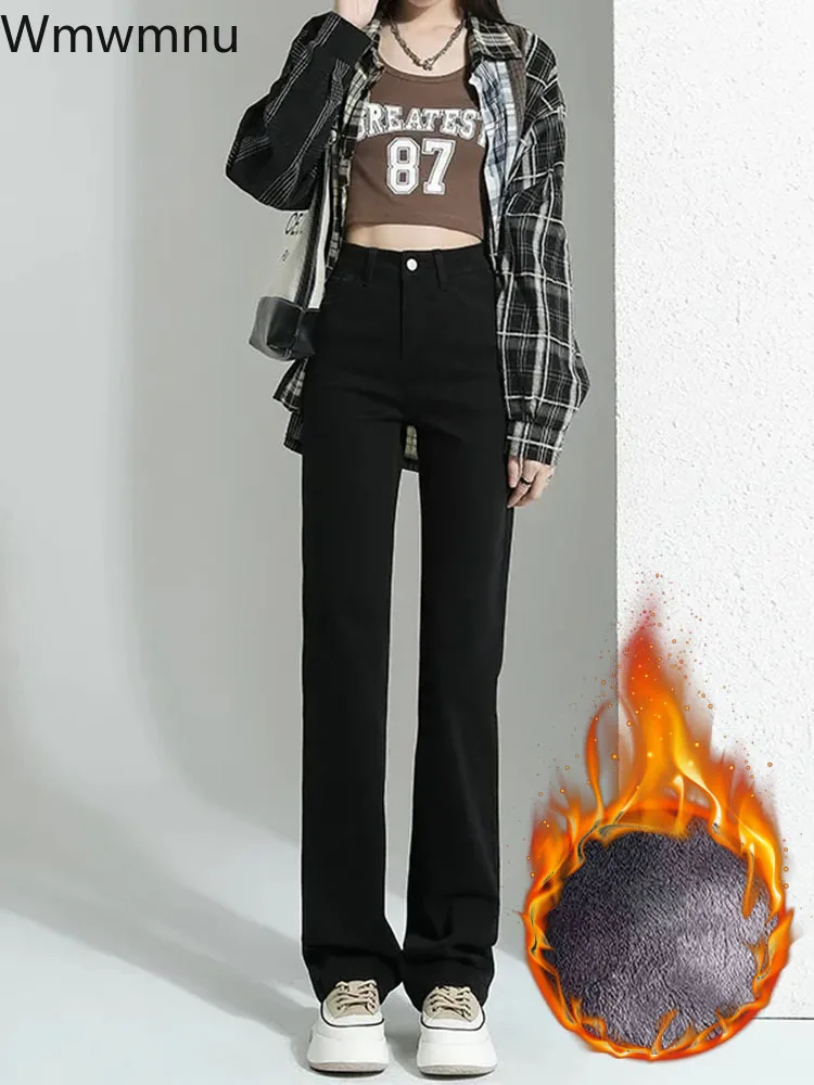 

Casual Fashion Women Warm Jeans Baggy Streetwear 2023 New Kot Pantolon Winter High Waist Plush Velvet Lined Straight Denim Pants