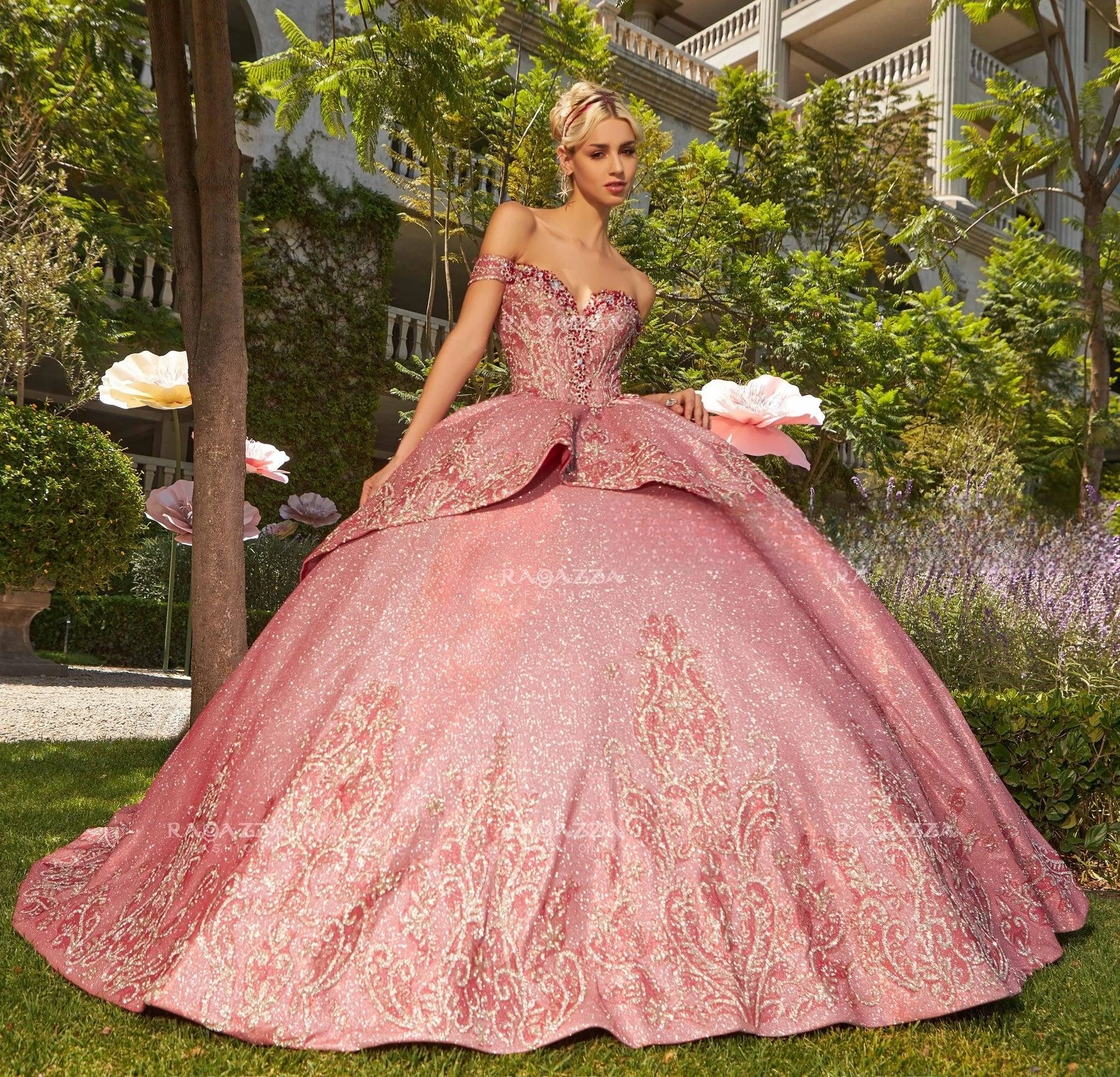 

Pink Charro Quinceanera Dresses Ball Gown Off The Shoulder Sequins Lace Crystals Puffy Mexican Sweet 16 Dresses 15 Anos