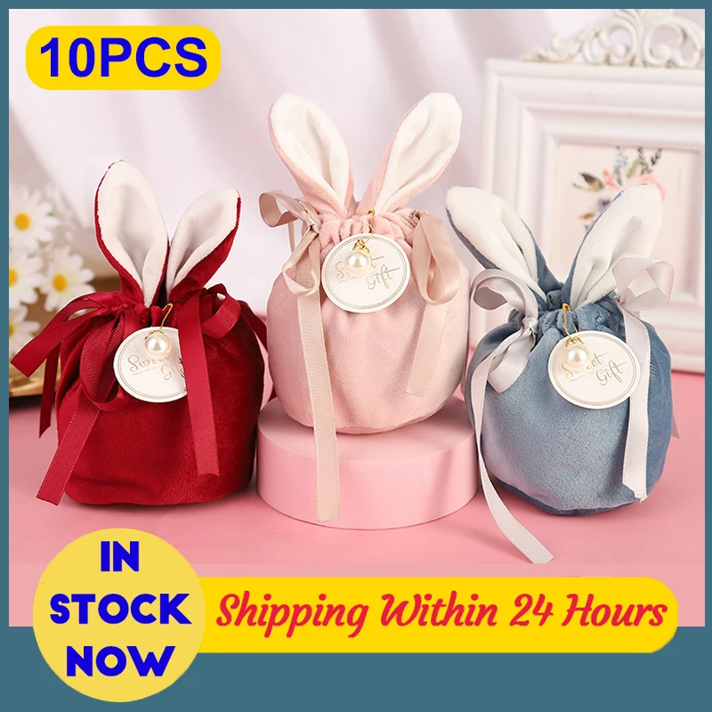 

10 шт., бархатные пакеты для упаковки украшений в виде кролика