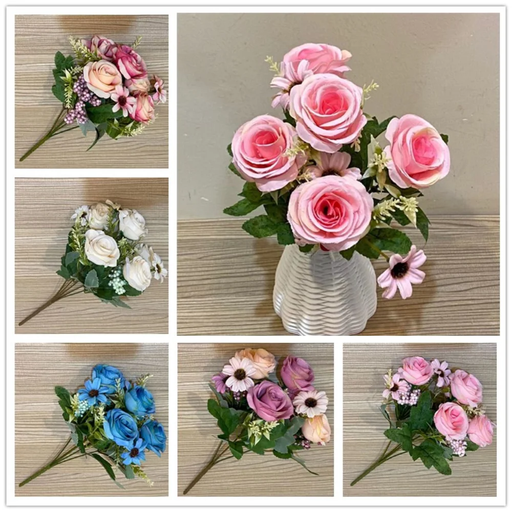 

5 Heads Artificial Rose Artificial Flower 4 Heads Silk Daisy Flower Bouquet Fake Flowers for Wedding Table Party Vase Home Decor