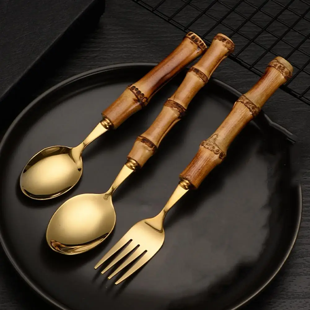 Ложка для супа вилка стейка бамбуковая ручка мяса резак десертные ложки посуда