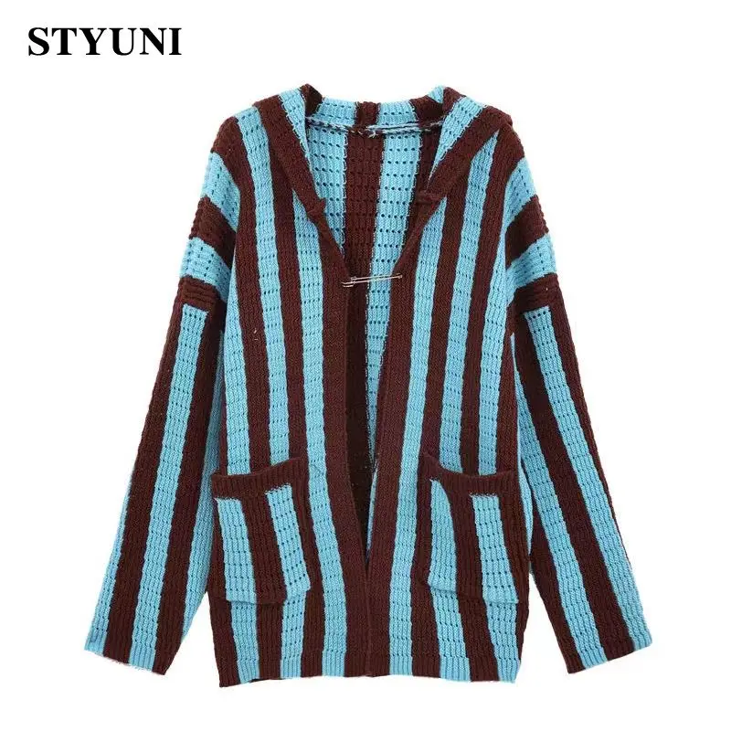 

Striped Cotton Vintage V-Neck Winter 2022 Knitted Women's Sweater Cardigan Hooded Korean Fashion Loose Jacket Coat Cardigans