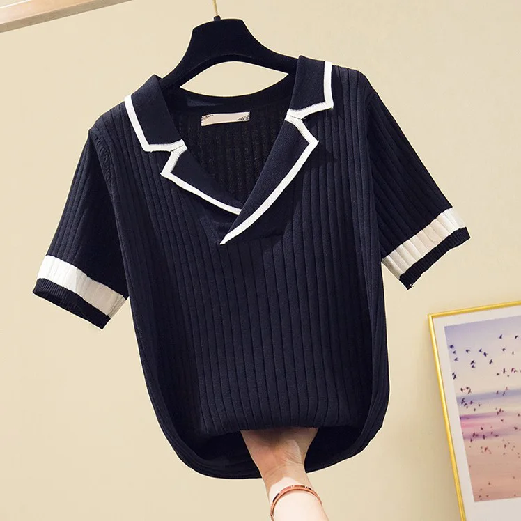 

Женский свободный свитер с V-образным вырезом, удобная футболка с отложным воротником и короткими рукавами, одежда в западном стиле, лето 2021