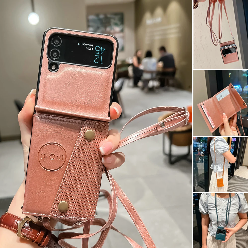 

Z Flip4 Flip 3 5G Leather Card Slot Back Case for Samsung Galaxy Z Flip 4 Flip3 Cover Crossbody Shoulder Strap Cord Wallet Funda