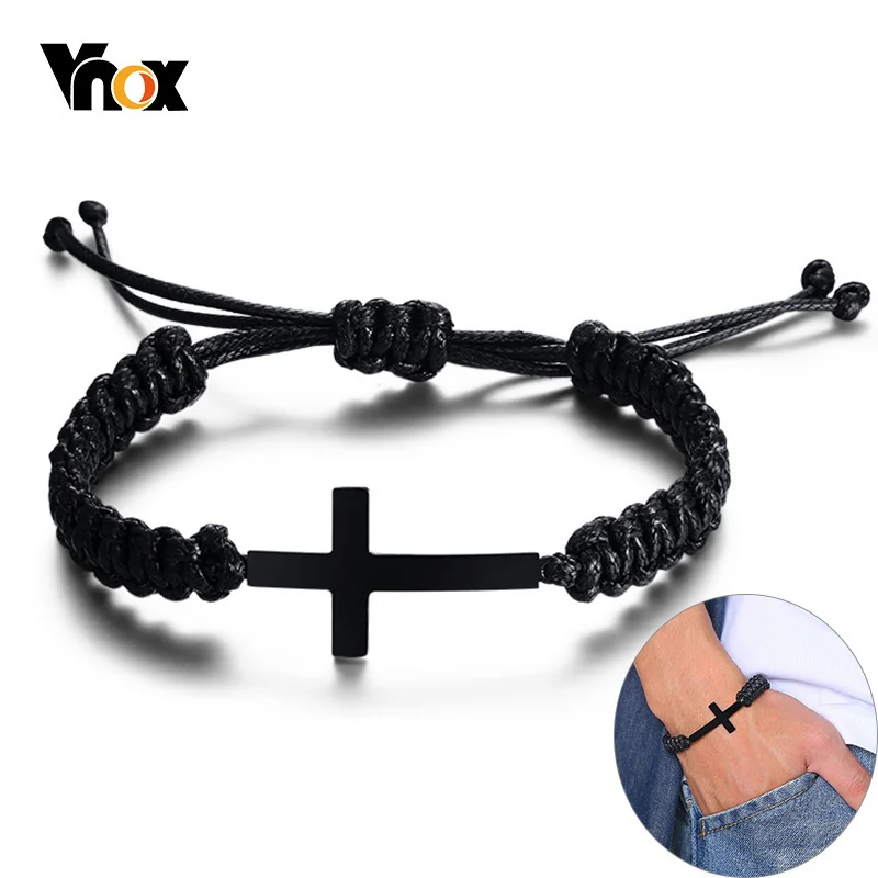 

Vnox Black Cross Charm Bracelet Braided Rope Chain Unisex Handmade Jewelry