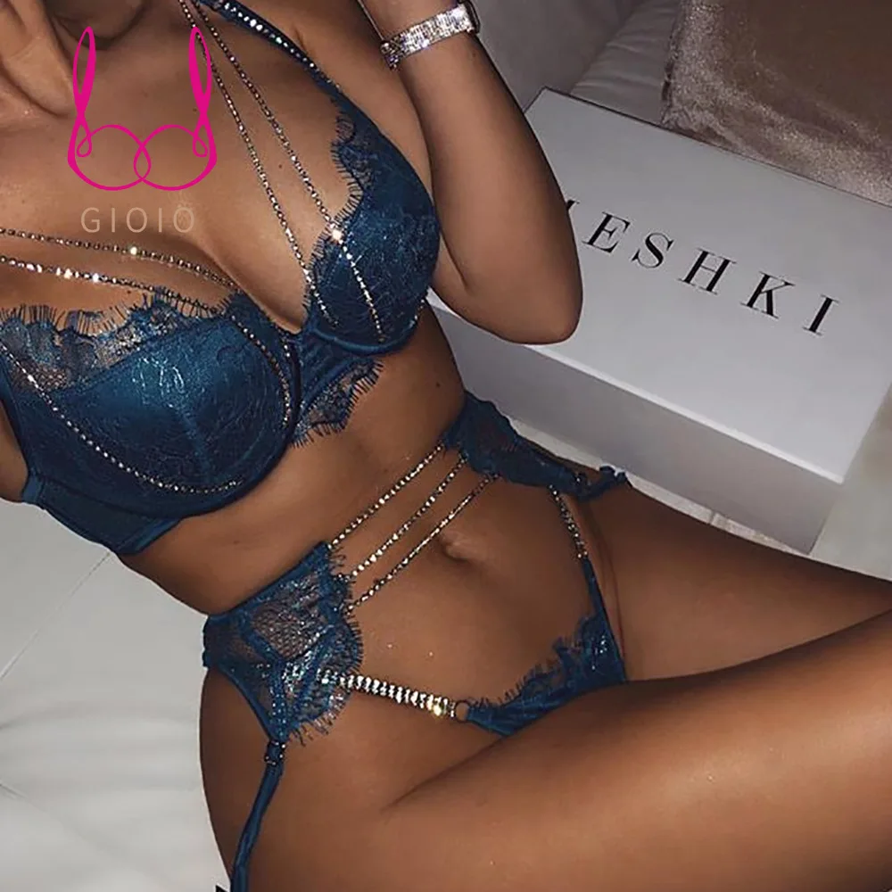 

Chain Sexy Underwear Set Shiny Push Up Bra And Panty Sets Women Rhinestone Intimates Lingerie Underwire Bralette Sexy Brief Set