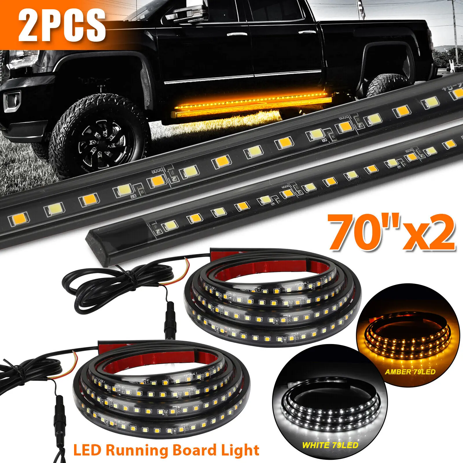 

2 Pcs 70" LED Running Board Lights Amber Turn Signal Lights Side Maker Lighting Bar Strips for Truck Pickup SUV Van