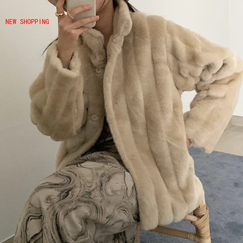 

Faux Rabbit Fur Elegant Short Mink Fur Coat 2023 Winter Luxurious Warm Thick Plush Korea Women Loose Furry Overcoat Teddy Jacket