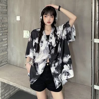 qweek vintage womens blouses gothic bf style oversized shirts streetwear harajuku short sleeve black button up tops casual chic