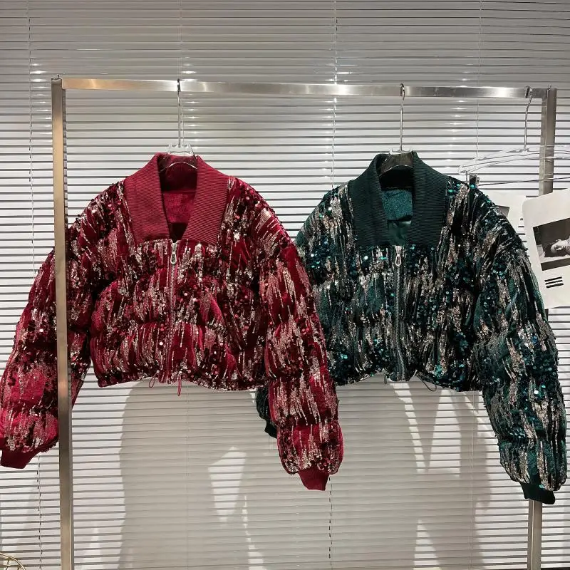 2021 Winter New Ladies Streetwear Short Velvet Gradient Sequin Short Jacket Women's Fashion Simple Solid Color Cotton Coat