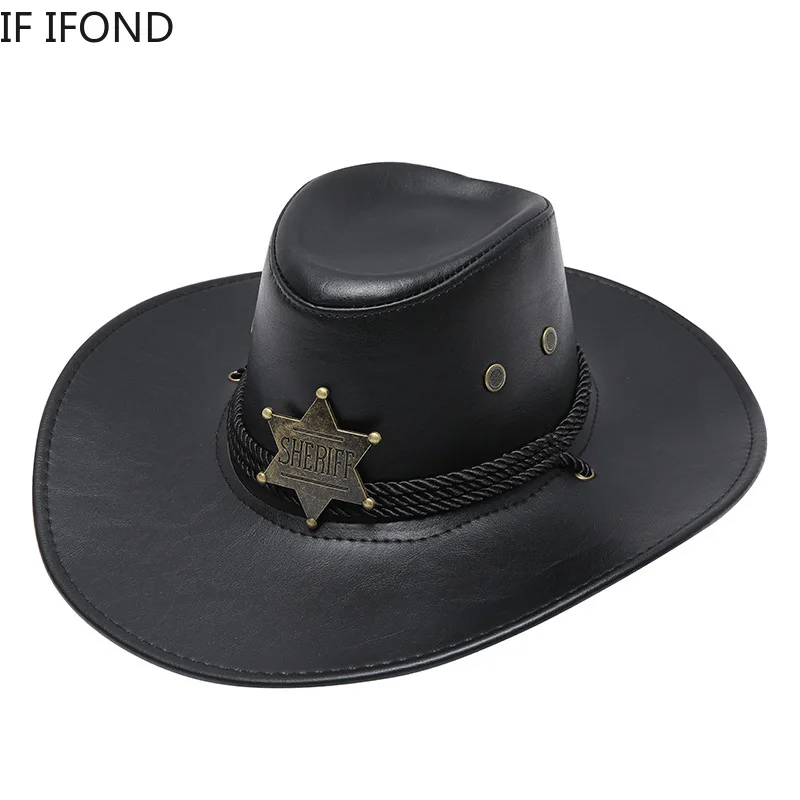 

NEW High Quality Faux Leather Western Cowboy Hat For Men Vintage Gentleman Dad Jazz Cap Sombrero Hombre