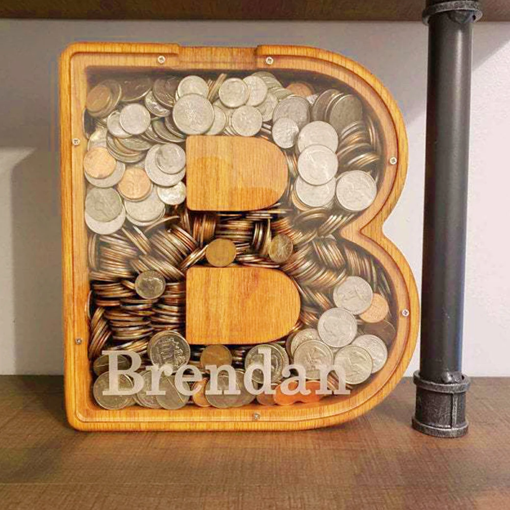 

New26 English Wooden Letter Piggy Banks Transparent Window Piggy Bank Wooden Creative Home Decoration Ornament Money Storage Box
