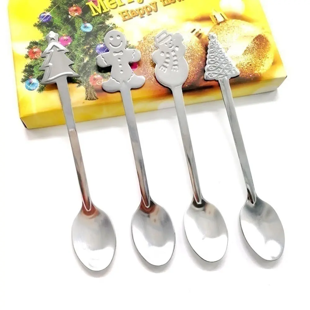 

4pcs/set Christmas Tableware Coffee Spoons Stainless Steel Ice Cream Desserts Spoon Snowman Christmas Tree Kids Drinking Scoops