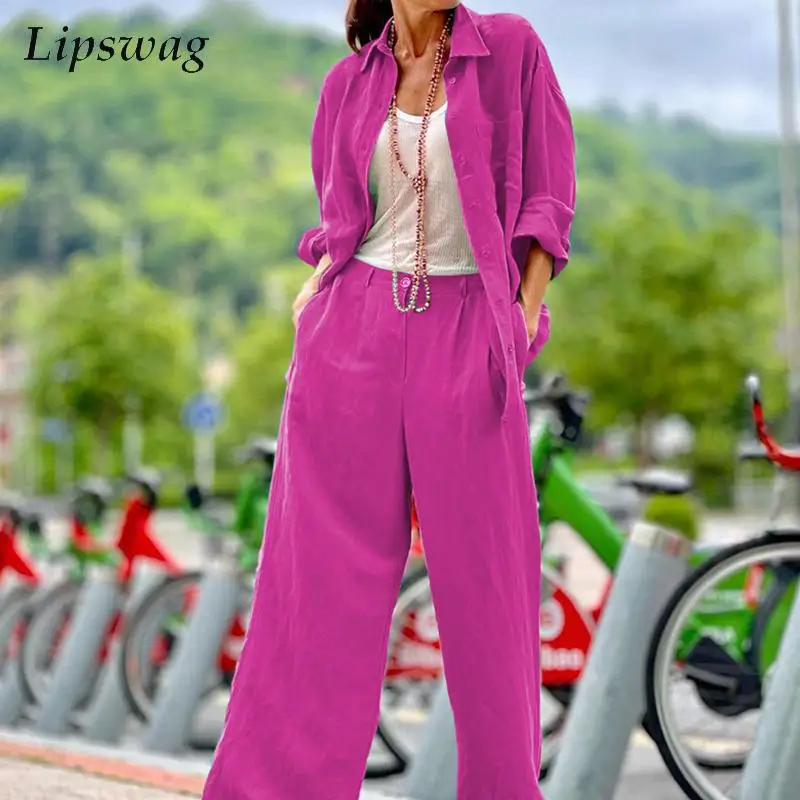 

Элегантный однобортный костюм-рубашка, повседневный свободный Женский комплект из двух предметов, однотонная модная блузка с лацканами, то...