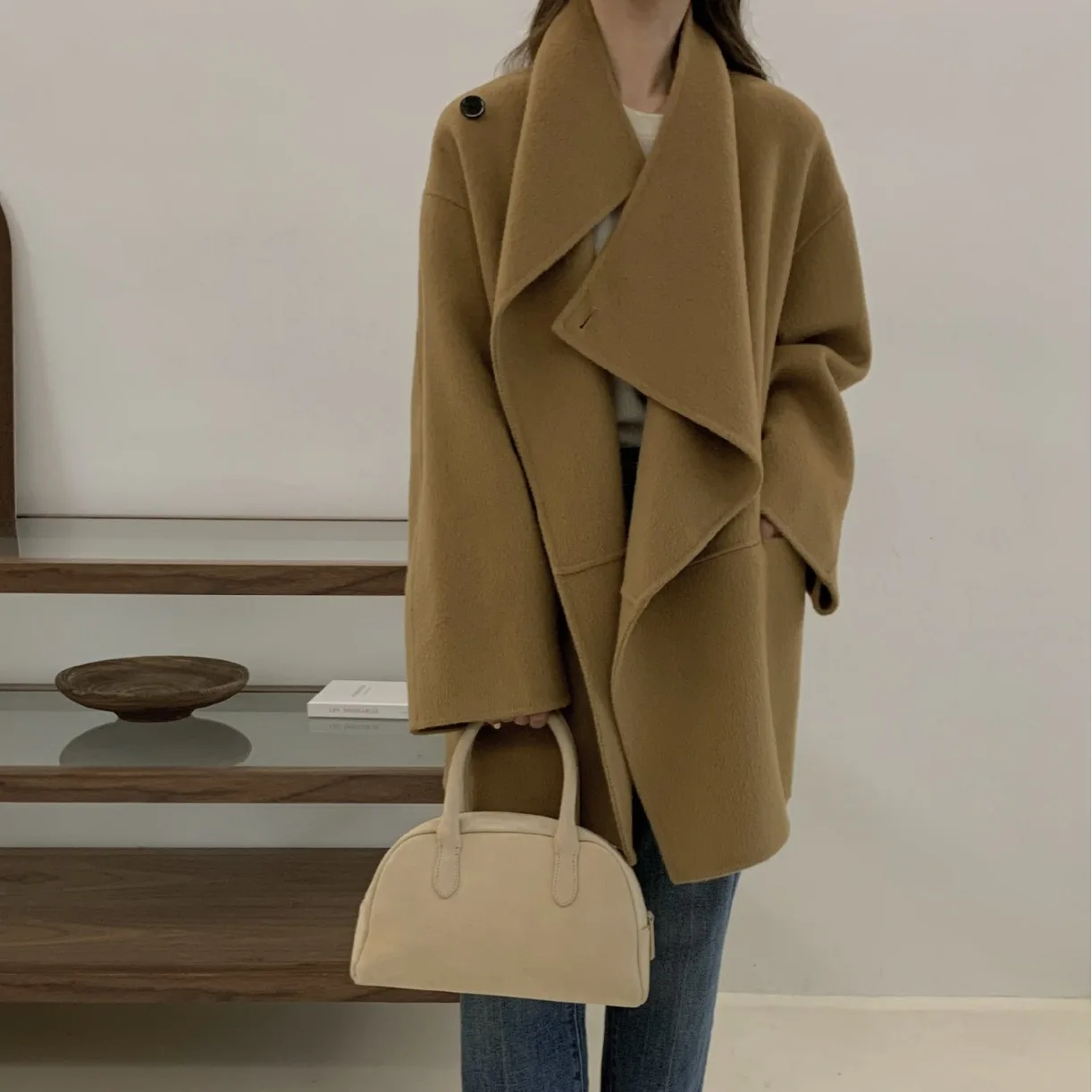 

Double sided cashmere woolen coat women's handmade double-sided woolen desig asymmetrical collar coat side buckle jackets women