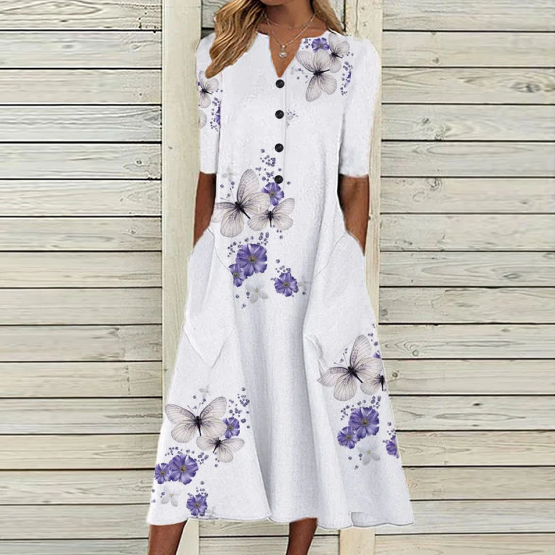 

Elegant Women Dresses V Neck Short Sleeve Button Party Dress Women Summer Vintage Print Dress Casual Loose Flower Ladies Dresses