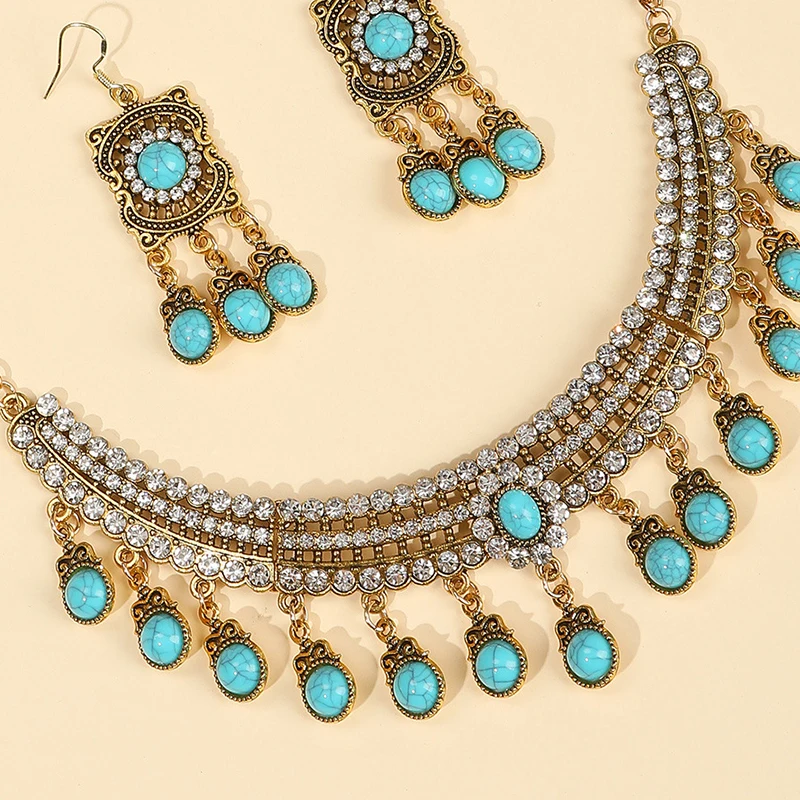 Набор бирюзовых украшений для женщин винтажные аксессуары колье и серьги под