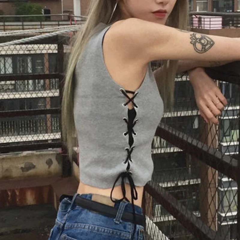 Укороченные топы майки женская одежда дизайн на шнуровке сексуальные летние