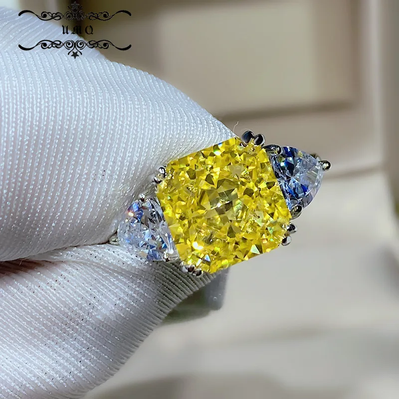 

S925 Silver High Carbon Yellow Diamond Radiant Cut Square 10*10mm 5 Carat Engagement Jewelry Ring Women