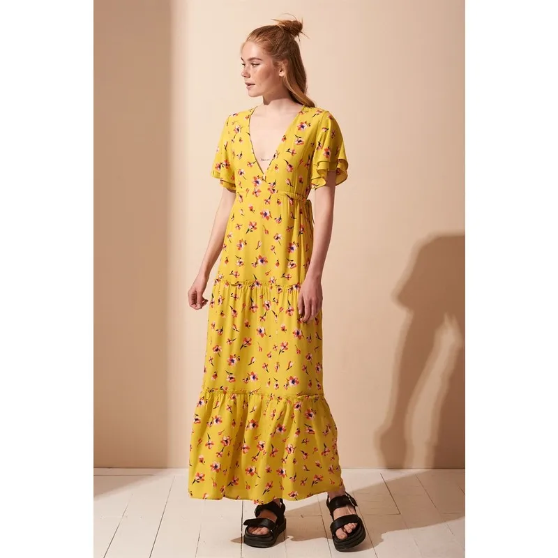 

V-Neck Print Yellow Dress Women Summer Dress Casual Long Prom Midi Maxi