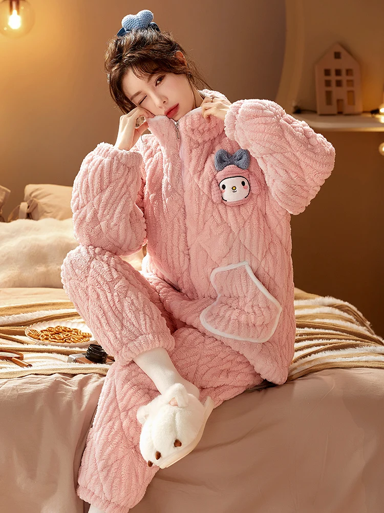 Three-Layer Cotton-Padded Jacket Stand Collar Pajamas Women Winter Fleece-lined Thickened Coral Fleece Warm Cute Homewear Two...