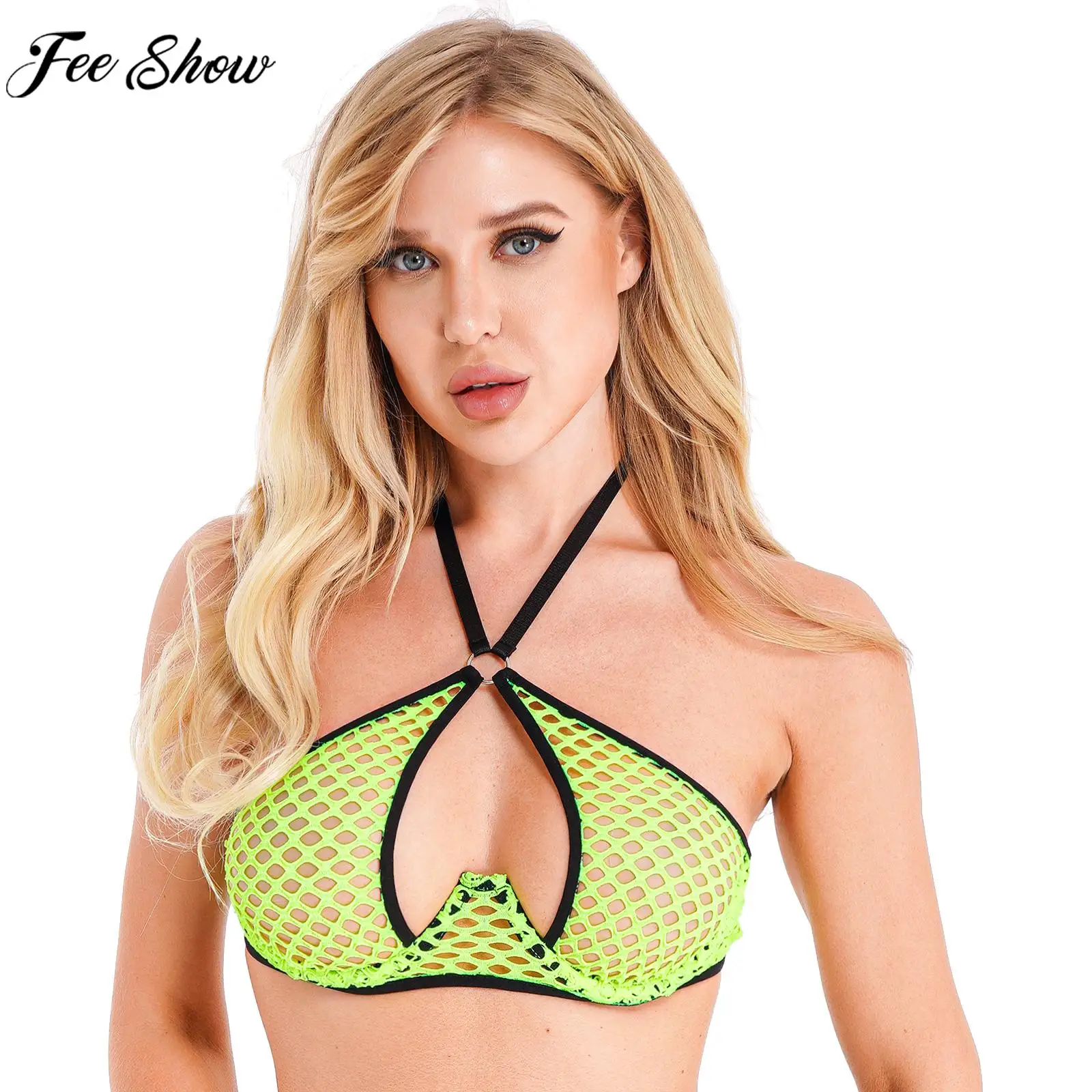 

Women Sexy Hollow Out Fishnet Camisole Crop Top Clubwear See-through Underwired Bra Rave Nightclub Bar Pole Dancing Clothes