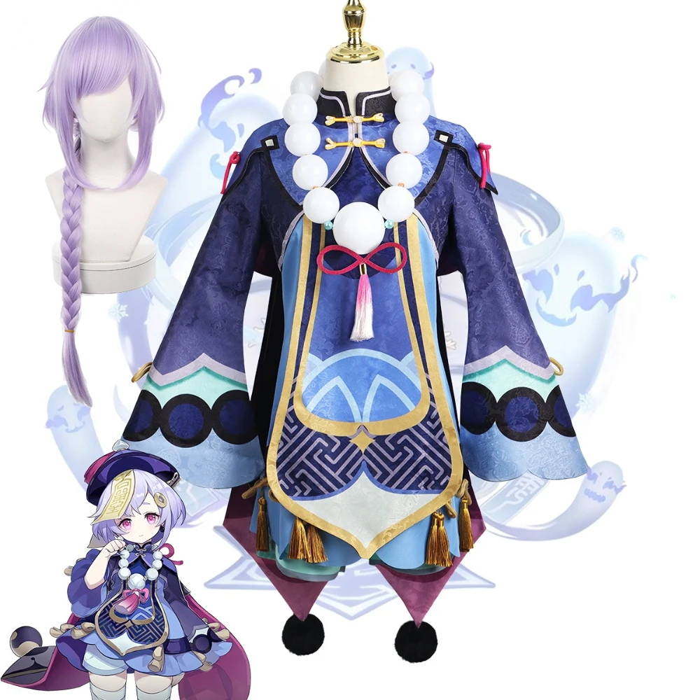 

Game Genshin Impact Qiqi Cosplay Costume Zombie Girl Qi Qi Dress Hat Spells Socks Wig Halloween Clothes Qi Qi Full Set Outfits