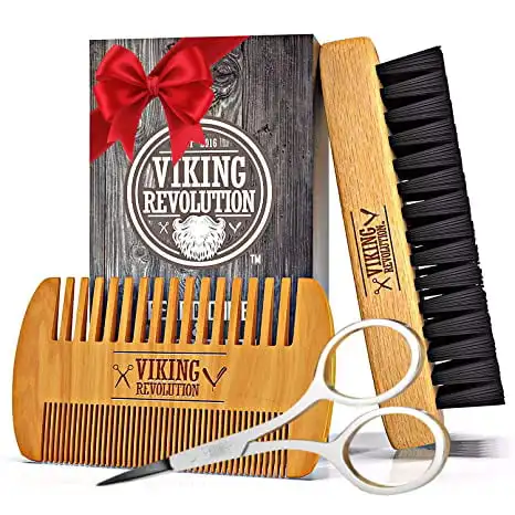 Beard Comb & Beard Brush Set for Men - Natural Boar Bristle Brush and Dual Action Pear Wood Comb w/Velvet Travel Pouch - Great f