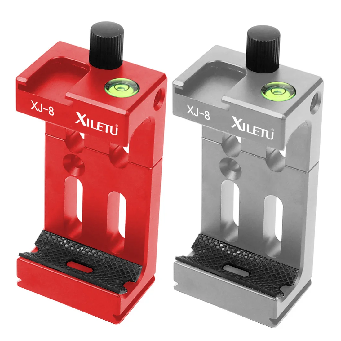 

Hot-XILETU XJ-8 2Pcs Tripod Head Bracket Clip For Phone Flashlight With Spirit Level And Cold Shoe Mount, Red & Silver