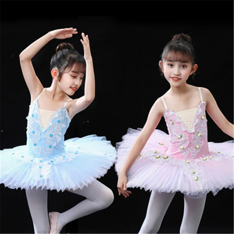 

Pink Flower petal decoration Ballet Tutu Skirt Children Long Vestidos Dress Girls Performance Clothing Swan Belly Dance Skirts