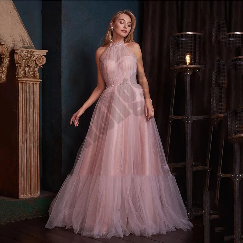 

New Design Wedding Dresses Pealrs Pleat Luxury Lace Vestidos De Novia Halter Sleeveless Bow A-Line Robe de mariee Lovely Pure