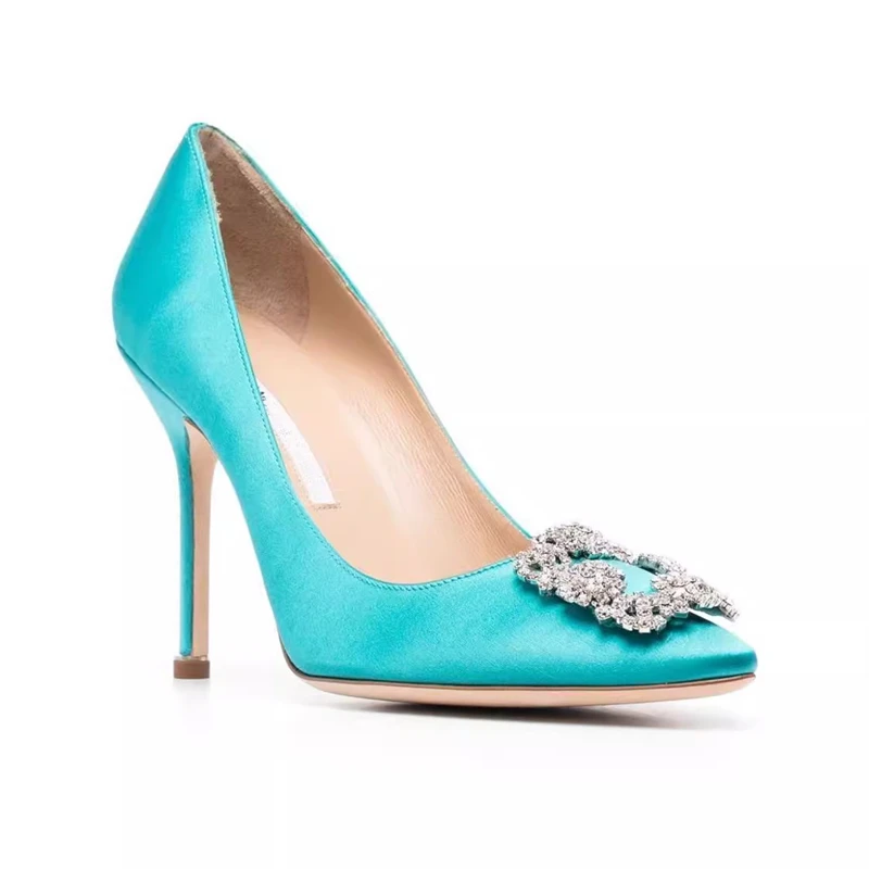 

Private custom color, European and American brand women's high heels square buckle diamond decorative banquet flat heel large si