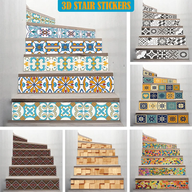 

6PCS/13PCS 3D Stair Stickers Self Adhesive Stairway Cover Mural Art Home Decor Staircase Steps Floor Sticker Decals Removable