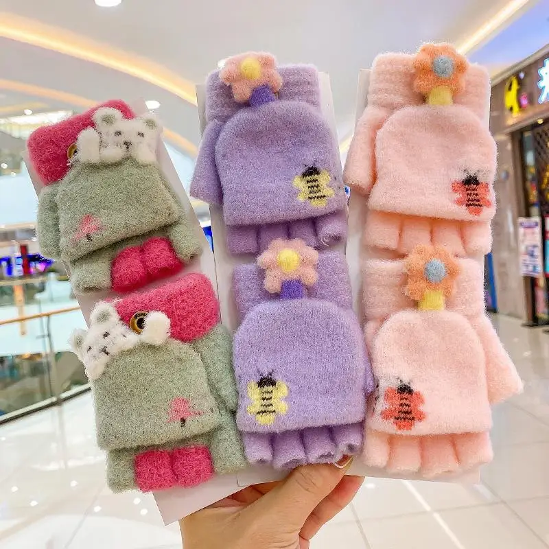 

Cartoon Convertible Flip Top Gloves Toddler Kids Winter Wool Knit Fingerless Gloves with Mitten Cover for Girls Boys 1-4 Yrs