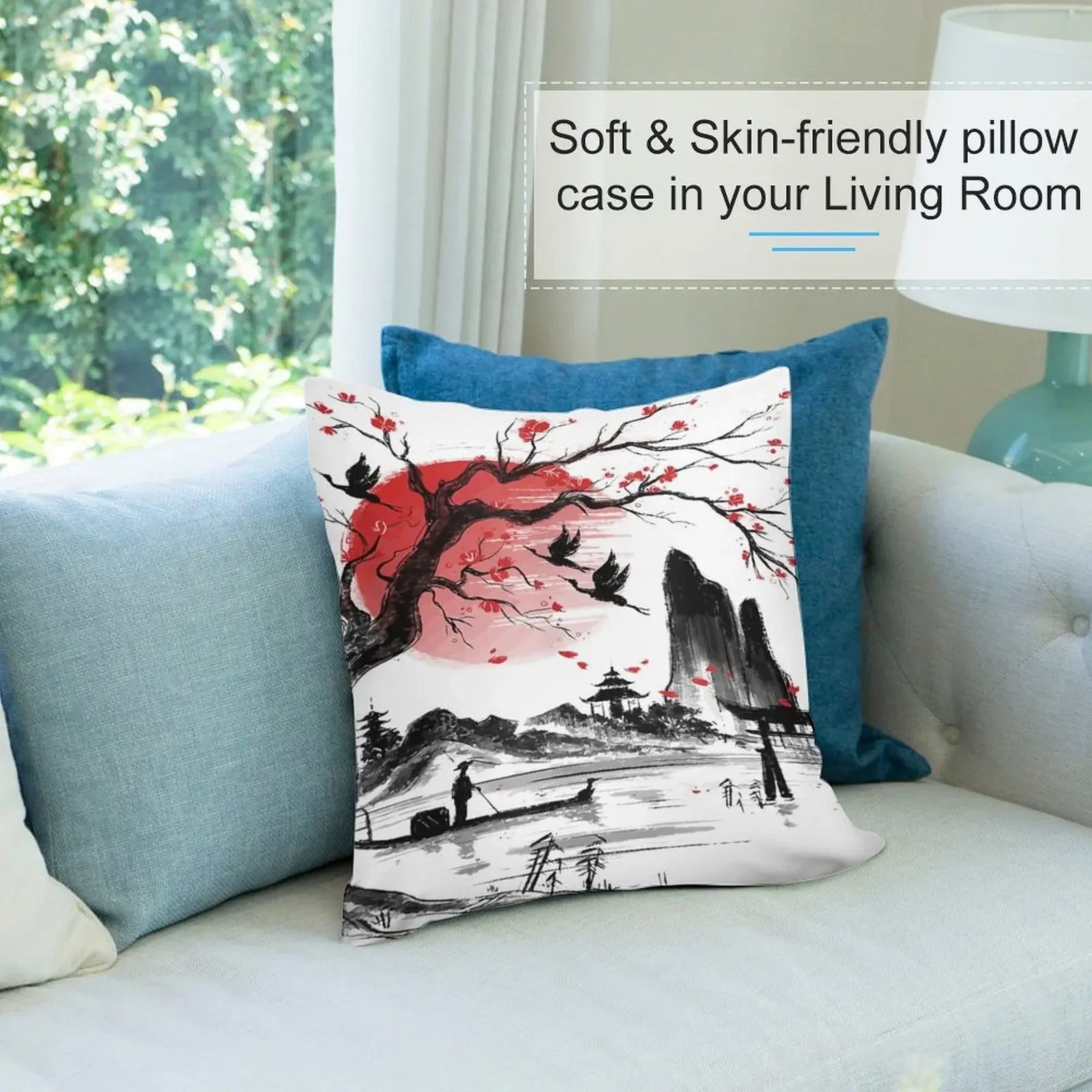 Японское дерево красная луна с птицами летающая в фоне декоративная подушка
