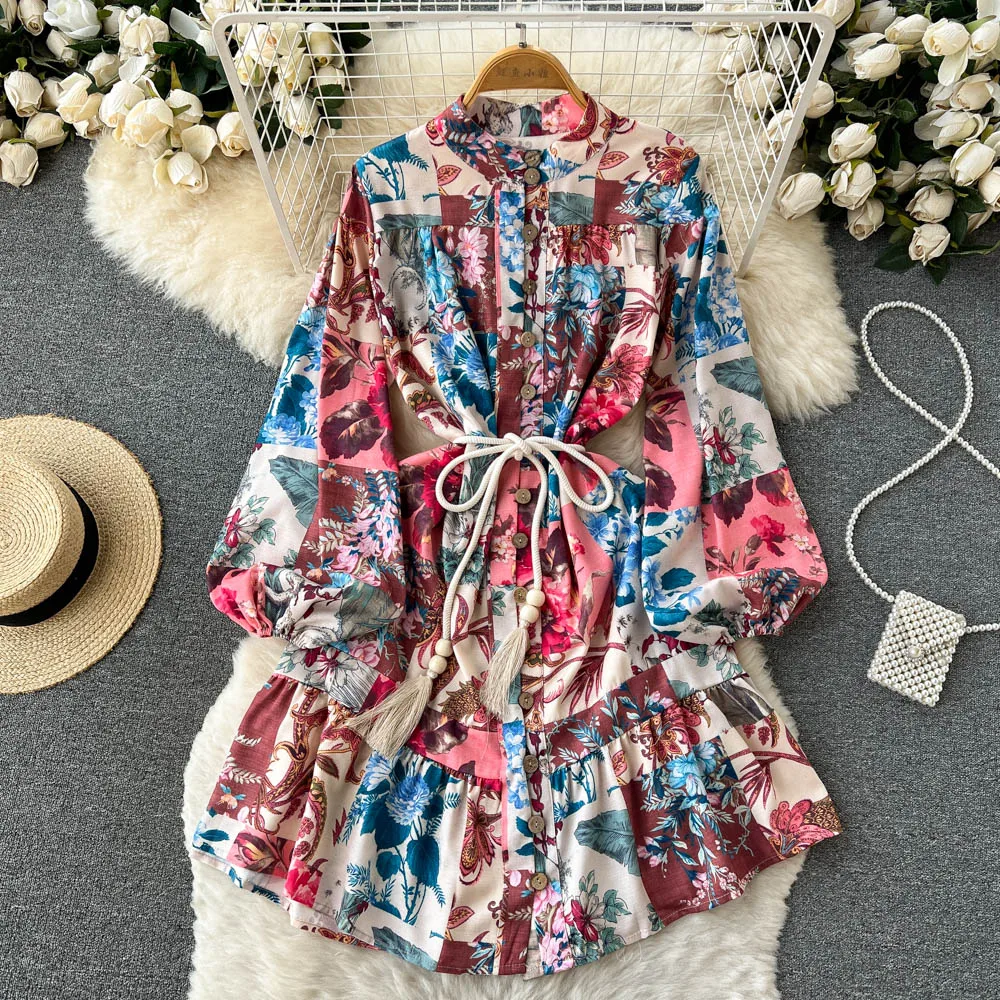 

Осеннее высококачественное платье с цветочным принтом и рукавами-фонариками