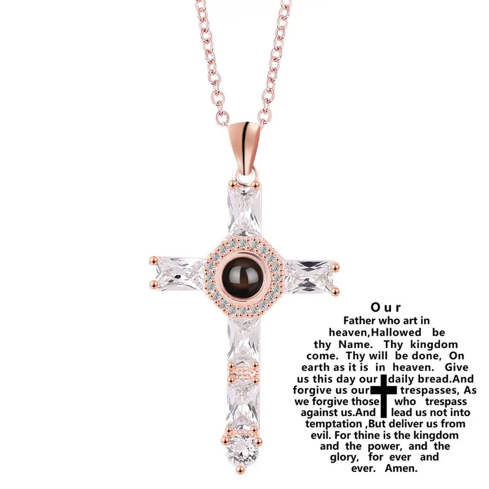 Holy Custom Jesus Christ Photo Projection Necklace with Picture faith Bible Verse Prayer Christian cross pendant Jewelry gift