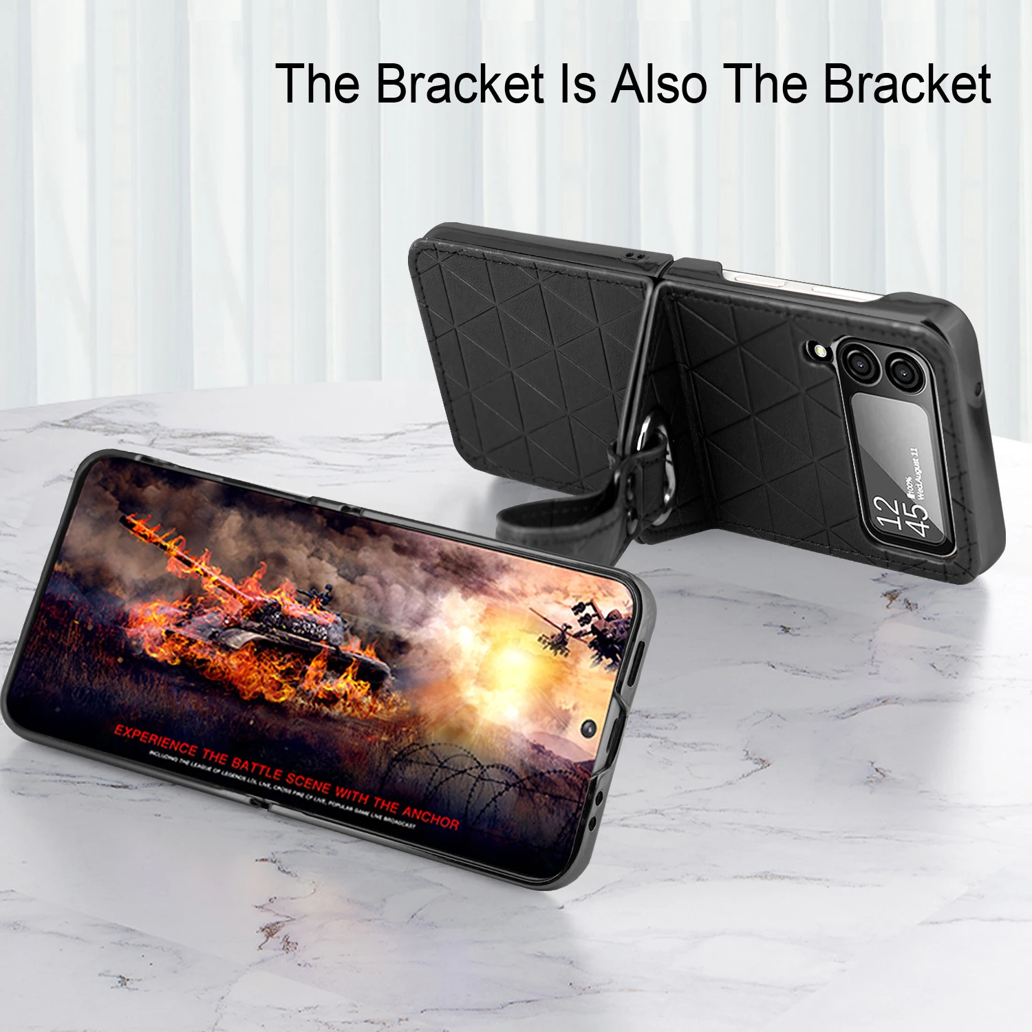 For Samsung Galaxy Z Flip 4 3 5G Case Electroplated Plain Leather Finger Bracket Handbag Folding Shockproof Back Cover Accessory