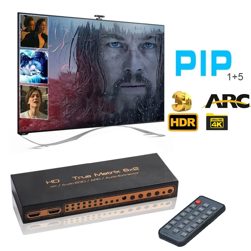 4K 6X2 HDMI-compatible Matrix 1080p 60Hz Martrix Box Splitter 6 In 2 Out PIP ARC 3D 3.5mm Audio Extractor Switch TV Dual Display