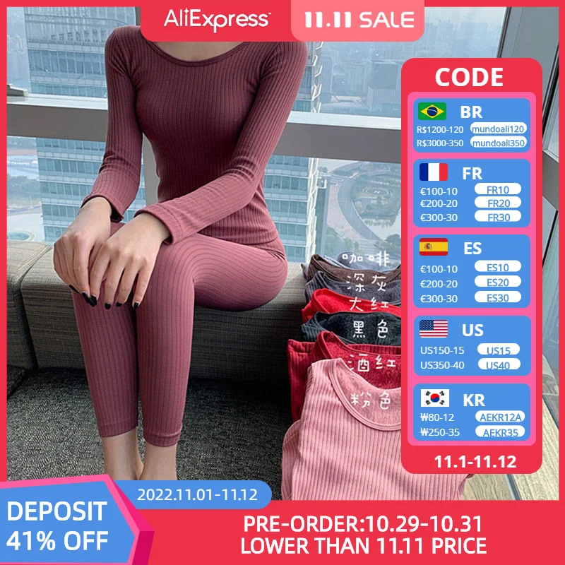 

Autumn and winter ladies bottoming long-sleeved thermal underwear 2022 new plus velvet padded low round neck slim top trousers