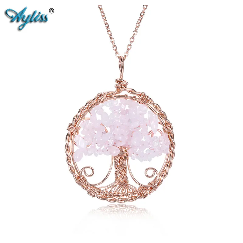 

Ayliss Natural Crystal Beads Tree of Life Necklace Rose Gold Copper Wrapped Reiki Healing Gem Stones Energy Pendant Necklaces