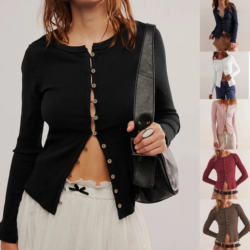 95AB женский вязаный кардиган в рубчик с длинными рукавами повседневный трикотаж