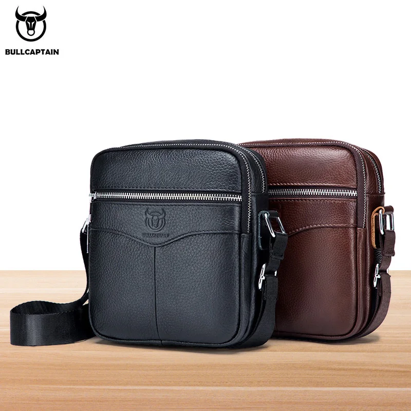 BULLCAPTAIN Men Genuine Leather Shoulder Bags Business Casual Vertical section  Top layer cowhide small satchel