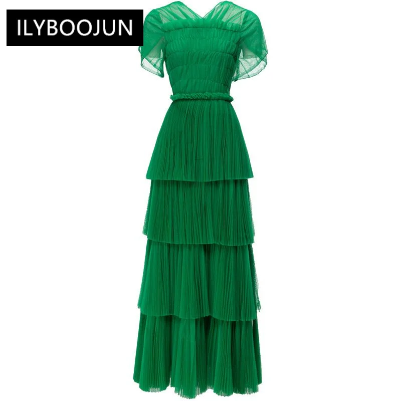 

Женское Сетчатое платье с каскадными оборками, подиумное зеленое винтажное платье-трапеция с V-образным вырезом и высокой талией, длинное Многоярусное платье, 2023