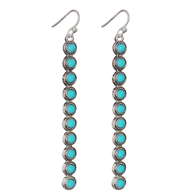 

Vintage Blue Turquoise Stone Long Tassel Earrings For Women Silver Color Hook Drop Earrings Jewelry Wedding Party Gift