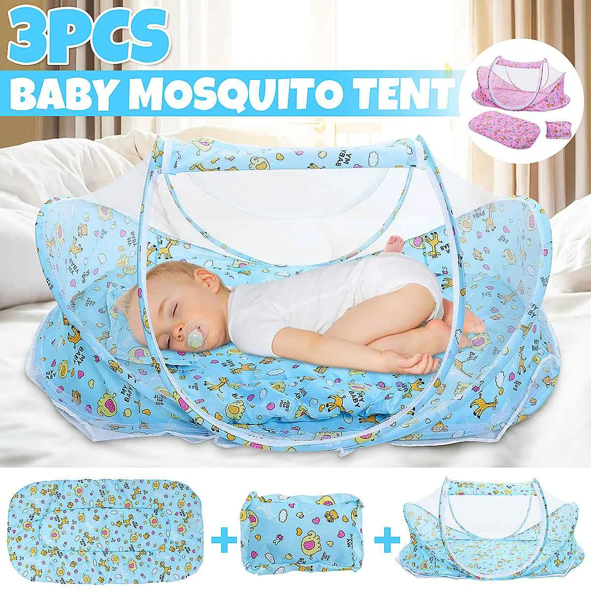 

3PCS Pink Blue Baby Cartoon Foldable Crib Tent Bed Mosquito Crib Netting Net Warm Cotton Soft Mattress Pillow Crib Tent Kids