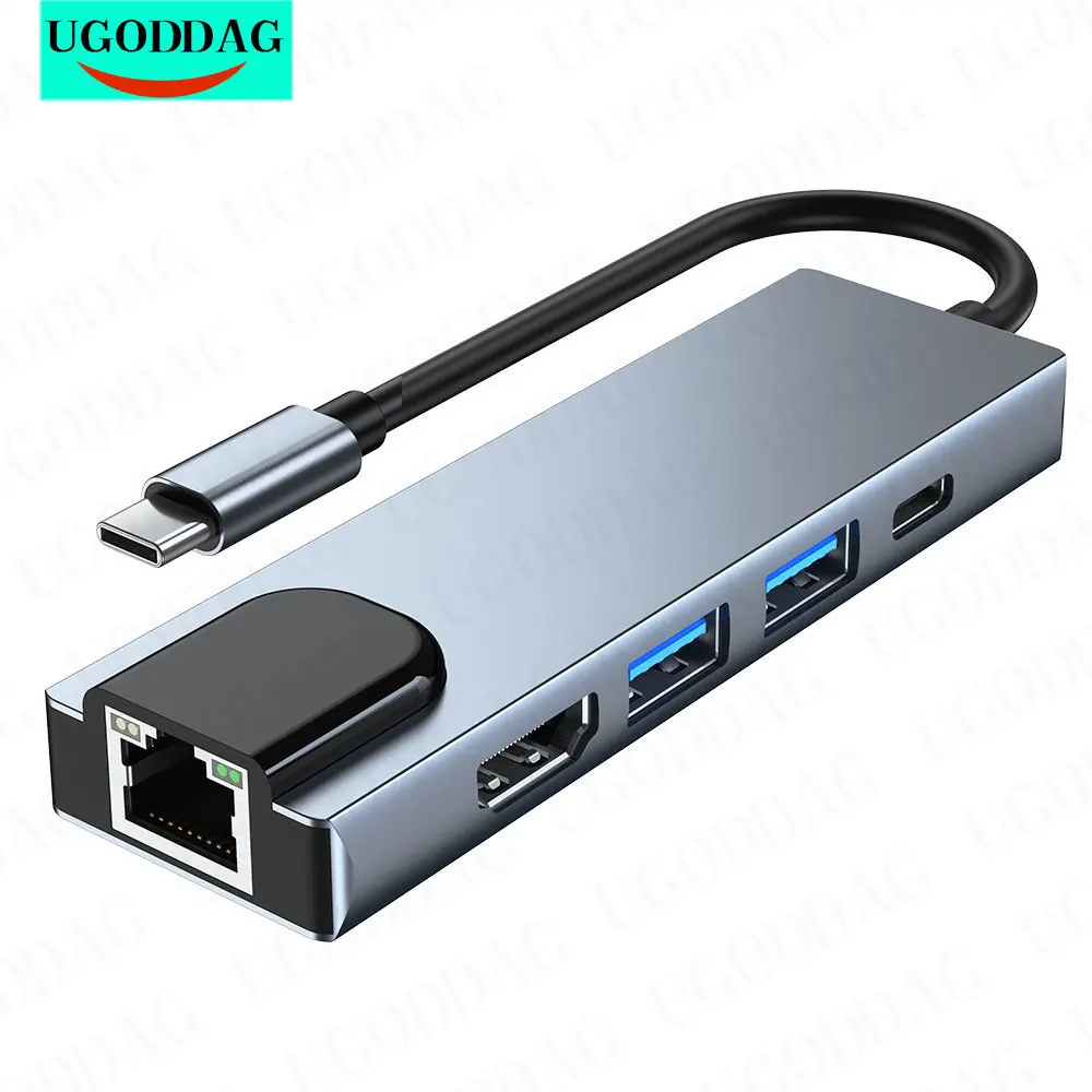 

5 in 1 Hub USB Type C HDMI-compatible Multiport Adapter with Output USB 3.0 2.0 RJ45 Ethernet USB C PD Charging Ports