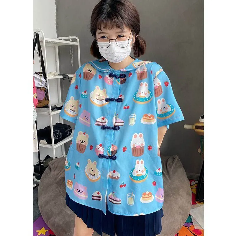 

Summer Chic Fashion Loose Women Blouse Japanese Kawaii Cartoon Rabbit Print Shirts Sweet Y2k Aesthetic Peter Pan Collar Blusas